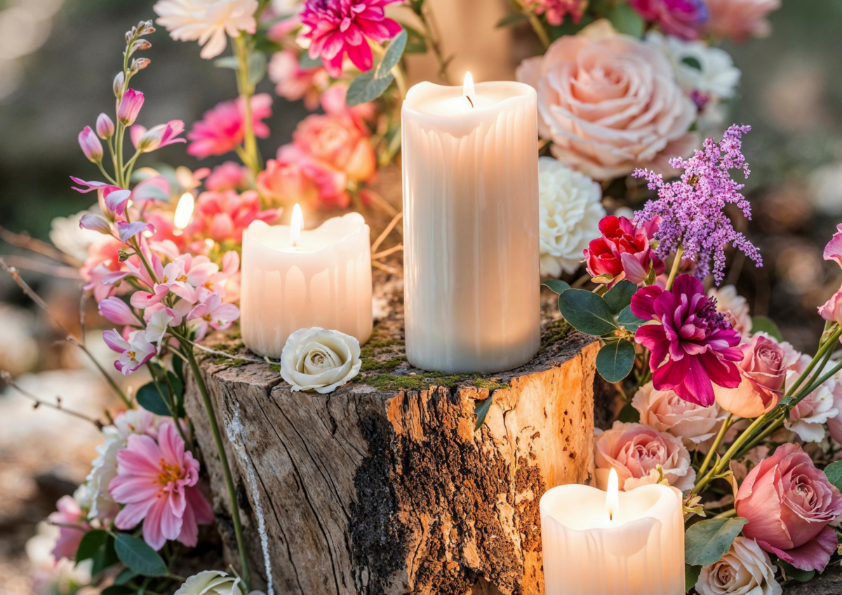 Kerzen und helle Blumen auf einem Holzklotz