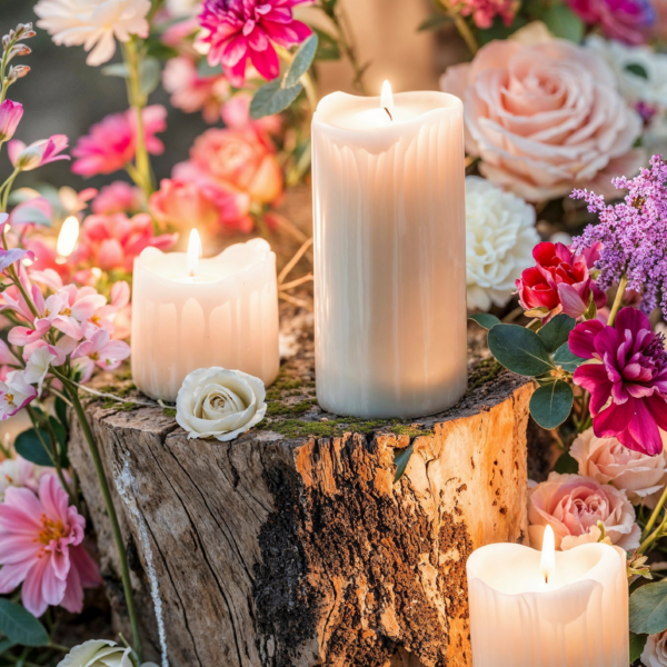 Kerzen und helle Blumen auf einem Holzklotz