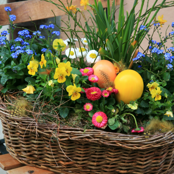 Bunt bepflanzter Osterkorb