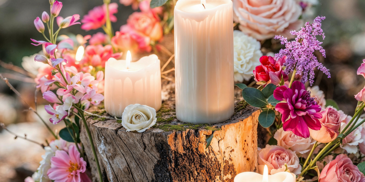 Kerzen und helle Blumen auf einem Holzklotz